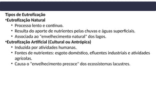 Tipos de Eutrofização
•Eutrofização Natural
• Processo lento e contínuo.
• Resulta do aporte de nutrientes pelas chuvas e águas superficiais.
• Associada ao "envelhecimento natural" dos lagos.
•Eutrofização Artificial (Cultural ou Antrópica)
• Induzida por atividades humanas.
• Fontes de nutrientes: esgoto doméstico, efluentes industriais e atividades
agrícolas.
• Causa o "envelhecimento precoce" dos ecossistemas lacustres.
 