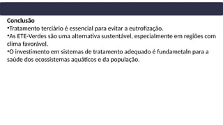 Conclusão
•Tratamento terciário é essencial para evitar a eutrofização.
•As ETE-Verdes são uma alternativa sustentável, especialmente em regiões com
clima favorável.
•O investimento em sistemas de tratamento adequado é fundametaln para a
saúde dos ecossistemas aquáticos e da população.
 