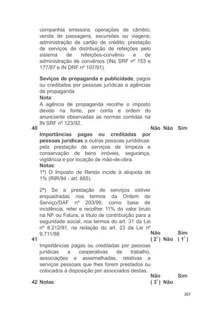 207
40
companhia emissora; operações de câmbio;
venda de passagens, excursões ou viagens;
administração de cartão de crédito; prestação
de serviços de distribuição de refeições pelo
sistema de refeições-convênio e de
administração de convênios (INs SRF nº 153 e
177/87 e IN DRF nº 107/91).
Seviços de propaganda e publicidade, pagos
ou creditados por pessoas jurídicas a agências
de propaganda
Nota:
A agência de propaganda recolhe o imposto
devido na fonte, por conta e ordem do
anunciante observadas as normas contidas na
IN SRF nº 123/92.
Não Não Sim
41
Importâncias pagas ou creditadas por
pessoas jurídicas a outras pessoas jurídidicas
pela prestação de serviços de limpeza e
conservação de bens imóveis, segurança,
vigilância e por locação de mão-de-obra.
Notas:
1ª) O Imposto de Renda incide à alíquota de
1% (RIR/94 - art. 665).
prestação de serviços estiver2ª) Se a
enquadradas
Serviço/DAF
nos termos
nº 203/99,
da Ordem de
como base de
incidência, reter e recolher 11% do valor bruto
na NF ou Fatura, a título de contribuição para a
seguridade social, nos termos do art. 31 da Lei
nº 8.212/91, na redação do art. 23 da Lei nº
9.711/98. Não Sim
( 2ª
) Não ( 1ª
)
Importâncias pagas ou creditadas por pessoas
jurídicas a cooperativas de trabalho,
associações e assemelhadas, relativas a
serviços pessoais que lhes forem prestados ou
colocados à disposição por associados destas.
42 Notas:
Não
( 3ª
) Não
Sim
 
