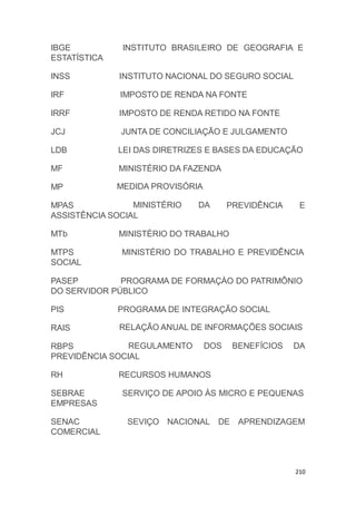 210
INSTITUTO BRASILEIRO DE GEOGRAFIA EIBGE
ESTATÍSTICA
INSS INSTITUTO NACIONAL DO SEGURO SOCIAL
IRF IMPOSTO DE RENDA NA FONTE
IRRF IMPOSTO DE RENDA RETIDO NA FONTE
JCJ JUNTA DE CONCILIAÇÃO E JULGAMENTO
LDB LEI DAS DIRETRIZES E BASES DA EDUCAÇÃO
MF MINISTÉRIO DA FAZENDA
MP
MPAS
MEDIDA PROVISÓRIA
MINISTÉRIO DA PREVIDÊNCIA E
ASSISTÊNCIA SOCIAL
MTb MINISTÉRIO DO TRABALHO
MINISTÉRIO DO TRABALHO E PREVIDÊNCIAMTPS
SOCIAL
PASEP PROGRAMA DE FORMAÇÀO DO PATRIMÔNIO
DO SERVIDOR PÚBLICO
PIS PROGRAMA DE INTEGRAÇÃO SOCIAL
RAIS
RBPS
RELAÇÃO ANUAL DE INFORMAÇÕES SOCIAIS
REGULAMENTO DOS BENEFÍCIOS DA
PREVIDÊNCIA SOCIAL
RH RECURSOS HUMANOS
SERVIÇO DE APOIO ÀS MICRO E PEQUENASSEBRAE
EMPRESAS
SEVIÇO NACIONAL DE APRENDIZAGEMSENAC
COMERCIAL
 