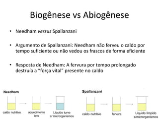 Biogênese vs Abiogênese
• Needham versus Spallanzani
• Argumento de Spallanzani: Needham não ferveu o caldo por
tempo suficiente ou não vedou os frascos de forma eficiente
• Resposta de Needham: A fervura por tempo prolongado
destruía a “força vital” presente no caldo
 