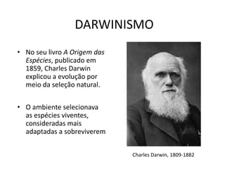 DARWINISMO
• No seu livro A Origem das
Espécies, publicado em
1859, Charles Darwin
explicou a evolução por
meio da seleção natural.
• O ambiente selecionava
as espécies viventes,
consideradas mais
adaptadas a sobreviverem
Charles Darwin, 1809-1882
 
