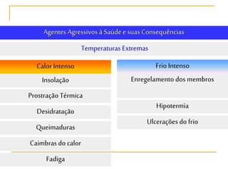 Agentes Agressivos à Saúde e suasConsequências
Temperaturas Extremas
Calor Intenso
Insolação
Prostração Térmica
Desidratação
Queimaduras
Caimbras do calor
Fadiga
Frio Intenso
Enregelamento dos membros
Hipotermia
Ulcerações do frio
 