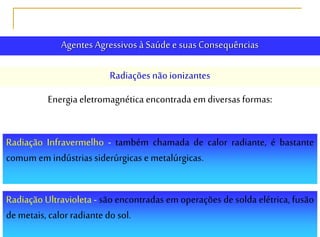 Agentes Agressivos à Saúde e suasConsequências
Radiações não ionizantes
Energia eletromagnética encontrada em diversas formas:
Radiação Infravermelho - também chamada de calor radiante, é bastante
comum em indústriassiderúrgicas e metalúrgicas.
Radiação Ultravioleta - são encontradas em operações de solda elétrica, fusão
de metais, calor radiante do sol.
 