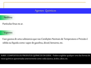 Vapores
Fase gasosa de uma substancia que nas Condições Normais de Temperatura e Pressão é
sólida ou líquida como:vapor degasolina, álcool, benzeno, etc.
Neblina
Partículas finas no ar.
Agentes Químicos
SUBST. COMPOSTOS OU PRODUTOS QUÍMICOS EM GERAL - Podem englobar qualquer uma das formas de
riscosquímicosapresentadasanteriormentecomo:sodacáustica,ácidos,cálcio,etc.
 