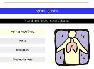 Agentes Químicos
VIAS DE PENETRAÇÃO - CONSEQÜÊNCIAS
VIA RESPIRATÓRIA
Bronquites
Pneumoconioses
Asma
 