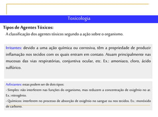 TiposdeAgentesTóxicos:
A classificação dos agentes tóxicos segundo a açãosobre o organismo.
Irritantes: devido a uma ação química ou corrosiva, têm a propriedade de produzir
inflamação nos tecidos com os quais entram em contato. Atuam principalmente nas
mucosas das vias respiratórias, conjuntiva ocular, etc. Ex.: amoniaco, cloro, ácido
sulfúrico.
Asfixiantes:estaspodemser dedoistipos:
- Simples: não interferem nas funções do organismo, mas reduzem a concentração de oxigênio no ar.
Ex.:nitrogênio.
- Químicos: interferem no processo de absorção de oxigênio no sangue ou nos tecidos. Ex.: monóxido
decarbono.
Toxicologia
 
