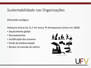 Sustentabilidade nas Organizações
Dimensão ecológica
Holoceno (início há 11,7 mil anos) → Antropoceno (início em 1950)
• Aquecimento global
• Desmatamento
• Acidificação dos oceanos
• Perda da biodiversidade
• Buraco na camada de ozônio
 