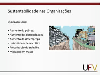 Sustentabilidade nas Organizações
Dimensão social
• Aumento da pobreza
• Aumento das desigualdades
• Aumento do desemprego
• Instabilidade democrática
• Precarização do trabalho
• Migração em massa
 