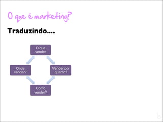 O que é marketing?
Traduzindo....

            O que
            vender



   Onde               Vender por
  vender?              quanto?



             Como
            vender?




                                   L
                                   C
 