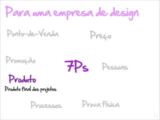 Para uma empresa de design
 Ponto-de-Venda                    Preço


Promoção
                             7Ps     Pessoas
 Produto
Produto final dos projetos


             Processos         Prova física
                                               L
                                               C
 