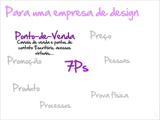 Para uma empresa de design

 Ponto-de-Venda                  Preço
  Canais de venda e pontos de
  contato: Escritório, acessos
           virtuais,...

Promoção                             Pessoas
                          7Ps
 Produto
                                 Prova física
             Processos
                                                L
                                                C
 