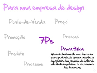 Para uma empresa de design

 Ponto-de-Venda           Preço


Promoção                         Pessoas
                  7Ps
                               Prova física
 Produto               Modo de tratamento dos clientes em
                       sua experiência de compra, aparência
                       da agência, das pessoas, do material,
           Processos   velocidade e qualidade no atendimento
                                  das demandas;             L
                                                           C
 