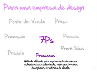 Para uma empresa de design

 Ponto-de-Venda                  Preço


Promoção                                Pessoas
                    7Ps
                                      Prova física
 Produto         Processos
       Método utilizado para a prestação do serviço,
       padronizado ou customizado, processos internos
             da agência, interfaces do cliente.         L
                                                        C
 