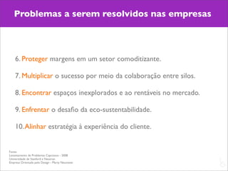 Problemas a serem resolvidos nas empresas




    6. Proteger margens em um setor comoditizante.

    7. Multiplicar o sucesso por meio da colaboração entre silos.

    8. Encontrar espaços inexplorados e ao rentáveis no mercado.

    9. Enfrentar o desaﬁo da eco-sustentabilidade.

    10. Alinhar estratégia à experiência do cliente.


Fonte:
Levantamento de Problemas Capciosos - 2008
Universidade de Stanford e Neutron
                                                                    L
                                                                    C
Empresa Orientada pelo Design - Marty Neumeier
 
