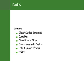 Dados
Grupos
Obter Dados Externos
Conexões
Classificar e Filtrar
Ferramentas de Dados
Estrutura de Tópicos
Análise
Prof. Cassiano Isler 16 / 26
 
