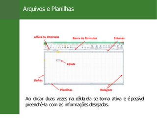 Arquivos e Planilhas
célula ou intervalo
Linhas
Planilhas Rolagem
Ao clicar duas vezes na célulaela se torna ativa e épossível
preenchê-la com as informações desejadas.
Barra de fórmulas Colunas
Célula
Prof. Cassiano Isler 5 / 26
 