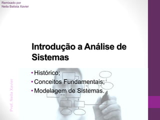 Prof.NeilaXavier
Introdução a Análise de
Sistemas
• Histórico;
• Conceitos Fundamentais;
• Modelagem de Sistemas.
Remixado por
Neila Batista Xavier
 