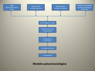 MODULADOR
Sistema Nervoso
BASE
Sistema Muscular e
ósseo
BIOMECÂNICA
Estática e dinâmica
SISTEMAS DE SUPORTE
Cardíaco, pulmonar e
Metabólico
Anormalidade ou lesão
Acometimento dos
componentes
Modelo patocinesiológico
Disfunção do
movimento
Limitação funcional
Incapacidade
 