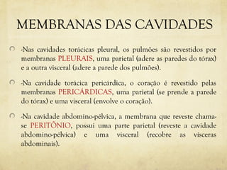 MEMBRANAS DAS CAVIDADES
-Nas cavidades torácicas pleural, os pulmões são revestidos por
membranas PLEURAIS, uma parietal (adere as paredes do tórax)
e a outra visceral (adere a parede dos pulmões).
-Na cavidade torácica pericárdica, o coração é revestido pelas
membranas PERICÁRDICAS, uma parietal (se prende a parede
do tórax) e uma visceral (envolve o coração).
-Na cavidade abdomino-pélvica, a membrana que reveste chama-
se PERITÔNIO, possui uma parte parietal (reveste a cavidade
abdomino-pélvica) e uma visceral (recobre as vísceras
abdominais).
 