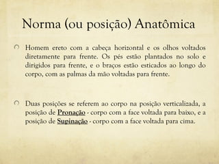 Norma (ou posição) Anatômica
Homem ereto com a cabeça horizontal e os olhos voltados
diretamente para frente. Os pés estão plantados no solo e
dirigidos para frente, e o braços estão esticados ao longo do
corpo, com as palmas da mão voltadas para frente.
Duas posições se referem ao corpo na posição verticalizada, a
posição de Pronação - corpo com a face voltada para baixo, e a
posição de Supinação - corpo com a face voltada para cima.
 