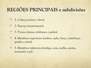 REGIÕES PRINCIPAIS e subdivisões
1. Cabeça (crânio e face);
2. Pescoço (sustentação);
3. Tronco (tórax, abdômen e pelve);
4. Membros superiores (ombro, axila, braço, antebraço,
punho e mão);
5. Membros inferiores (nádega, coxa, joelho, perna,
tornozelo e pé).
 