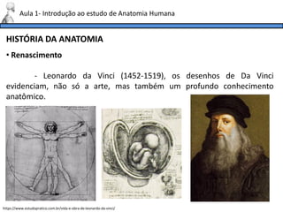 HISTÓRIA DA ANATOMIA
Aula 1- Introdução ao estudo de Anatomia Humana
• Renascimento
- Leonardo da Vinci (1452-1519), os desenhos de Da Vinci
evidenciam, não só a arte, mas também um profundo conhecimento
anatômico.
https://www.estudopratico.com.br/vida-e-obra-de-leonardo-da-vinci/
 