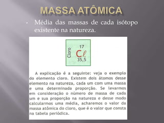 Massa atômicaMédia das massas de cada isótopo existente na natureza.Massa atômica