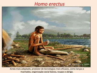 Homo erectus




Ainda mais adaptado, produtor de tecnologias mais eficazes, como lanças e
          machados, organização social básica, roupas e abrigo.
 