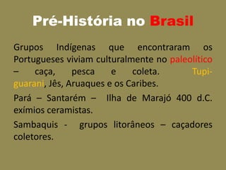 Pré-História no Brasil
Grupos Indígenas que encontraram os
Portugueses viviam culturalmente no paleolítico
–    caça,     pesca    e    coleta.     Tupi-
guarani, Jês, Aruaques e os Caribes.
Pará – Santarém – Ilha de Marajó 400 d.C.
exímios ceramistas.
Sambaquis - grupos litorâneos – caçadores
coletores.
 