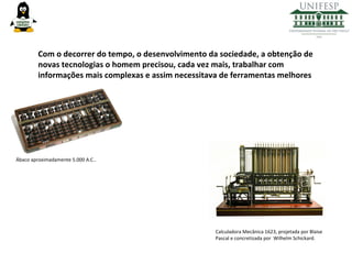 Com o decorrer do tempo, o desenvolvimento da sociedade, a obtenção de
novas tecnologias o homem precisou, cada vez mais, trabalhar com
informações mais complexas e assim necessitava de ferramentas melhores

Ábaco aproximadamente 5.000 A.C..

Calculadora Mecânica 1623, projetada por Blaise
Pascal e concretizada por Wilhelm Schickard.

 
