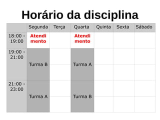 Horário da disciplina
Segunda Terça Quarta Quinta Sexta Sábado
18:00 -
19:00
Atendi
mento
Atendi
mento
19:00 -
21:00
Turma B Turma A
21:00 -
23:00
Turma A Turma B
 