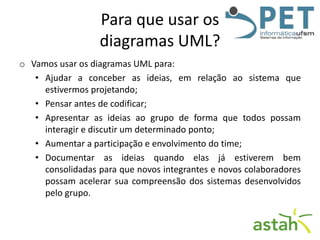 Para que usar os
diagramas UML?
o Vamos usar os diagramas UML para:
• Ajudar a conceber as ideias, em relação ao sistema que
estivermos projetando;
• Pensar antes de codificar;
• Apresentar as ideias ao grupo de forma que todos possam
interagir e discutir um determinado ponto;
• Aumentar a participação e envolvimento do time;
• Documentar as ideias quando elas já estiverem bem
consolidadas para que novos integrantes e novos colaboradores
possam acelerar sua compreensão dos sistemas desenvolvidos
pelo grupo.

 
