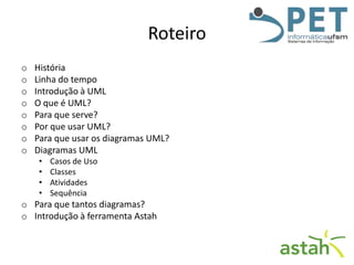 Roteiro
o
o
o
o
o
o
o
o

História
Linha do tempo
Introdução à UML
O que é UML?
Para que serve?
Por que usar UML?
Para que usar os diagramas UML?
Diagramas UML
•
•
•
•

Casos de Uso
Classes
Atividades
Sequência

o Para que tantos diagramas?
o Introdução à ferramenta Astah

 