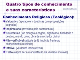 Quatro tipos de conhecimento
e suas características
Conhecimento Religioso (Teológico):
Valorativo (apoiado em doutrinas com proposições
sagradas)
Inspiracional (revelado pelo sobrenatural)
Sistemático (faz menção a origem, significado, finalidade e
destino, mundo como obra de um criador divino)
Não verificável (atitude de fé implícita frente ao
conhecimento revelado)
Infalível (verdades indiscutíveis)
Exato (aspira ser a manifestação da verdade imutável)
(Marilena Chauí)
 