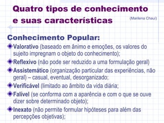 Conhecimento Popular:
Valorativo (baseado em ânimo e emoções, os valores do
sujeito impregnam o objeto do conhecimento);
Reflexivo (não pode ser reduzido a uma formulação geral)
Assistemático (organização particular das experiências, não
geral) – casual, eventual, desorganizado;
Verificável (limitado ao âmbito da vida diária;
Falível (se conforma com a aparência e com o que se ouve
dizer sobre determinado objeto);
Inexato (não permite formular hipóteses para além das
percepções objetivas);
Quatro tipos de conhecimento
e suas características (Marilena Chauí)
 
