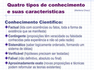 Conhecimento Científico:
Factual (lida com ocorrências ou fatos, toda a forma de
existência que se manifesta)
Contingente (proposições têm veracidade ou falsidade
conhecidas pela experiência e não só pela razão)
Sistemático (saber logicamente ordenado, formando um
sistema de idéias)
Verificável (hipóteses precisam ser testadas)
Falível (não definitivo, absoluto ou final)
Aproximadamente exato (novas proposições e técnicas
podem reformular as teorias existentes)
Quatro tipos de conhecimento
e suas características (Marilena Chauí)
 