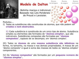 Modelo de Dalton
Postulou...
I) Todas as substâncias são constituídas de átomos, que não podem ser
criados e nem destruídos.
II) Cada substância é constituída de um único tipo de átomo. Substância
simples ou elementos são formados de “átomos simples”, que são
indivisíveis. Substâncias compostas são formadas por “átomos
compostos”, capazes de se decompor, em “átomos simples”.
III) Todos os átomos de uma mesma substância são idênticos na
forma, no tamanho, na massa e nas demais propriedades. A massa de um
”átomo composto” é igual à soma das massas de todos os “átomos simples”
componentes.
IV) Os “átomos compostos” são formados por um pequeno número de
“átomos simples”.
- Bolinha maciça e indivisível.
Baseado nas Leis Ponderais
de Proust e Lavoisier.
 
