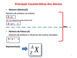 Principais Características dos átomos
• Número Atômico(Z)
Número de prótons no núcleo.
Z = p+
OBS. Se o átomo for neutro (não for íon)
Z = p+ = e -
• Número de Massa (A)
Número de prótons e nêutrons do núcleo somados.
A = p+ + n
0
Representação
6
 
