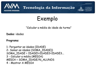 Exemplo
“Calcular a média de idade da turma”
Dados: idades
Programa:
1- Perguntar as idades (IDADE)
2- Somar as idades (SOMA_IDADE))
SOMA_IDADE = IDADE1+IDADE2+IDADE3...
3 - Calcular a média (MEDIA)
MEDIA = SOMA_IDADE/N_ALUNOS
4 - Mostrar A MEDIA
 