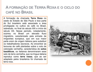 A formação da chamada Terra Roxa no
oeste do Estado de São Paulo e boa parte
do Sul brasileiro está associada a área
privilegiada no cultivo do café no Brasil,
sobretudo, no final do século XIX e início do
século XX. Nesse período, notadamente,
ocorreu no Brasil um elevado fluxo
migratório, caracterizado pela entrada de
imigrantes europeus, que em sua maior
parte eram de origem italiana para substituir
os trabalhadores escravos. Ao encontrar as
lavouras de café plantadas sobre o solo de
coloração vermelha, característica de solos
basálticos, os italianos denominaram esse
solo de terra vermelha, que na língua italiana
reproduz como terra rossa, que ao ser
adaptado pelos brasileiros foi chamada de
terra roxa.

Fonte: http://www.articlesweb.org/

A FORMAÇÃO DE TERRA ROXA E O CICLO DO
CAFÉ NO BRASIL

 
