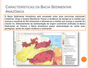 CARACTERÍSTICAS DA BACIA SEDIMENTAR
AMAZÔNICA

Fonte: TERRA, Lygia. Conexões: Estudos de Geografia do Brasil.
São Paulo: Moderna, 2009.

A Bacia Sedimentar Amazônica está encaixada entre duas províncias estruturais
cristalinas: Xingú e Guiana Meridional. Possui a tendência de alongar-se à medida que
avança a montante do Rio Amazonas e afinando-se a medida que avança a Jusante do
mesmo rio. Diferentemente da sedimentação de origem continental verificada na Bacia
Sedimentar do Paraná, a Bacia Amazônica possui sedimentação de várias eras
geológicas, sendo de origem oceânica e continental.

 