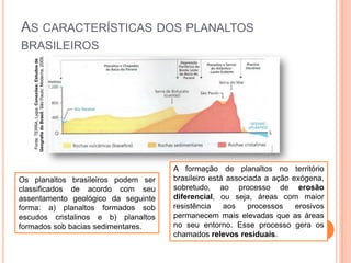 AS CARACTERÍSTICAS DOS PLANALTOS
Fonte: TERRA, Lygia. Conexões: Estudos de
Geografia do Brasil. São Paulo: Moderna, 2009.

BRASILEIROS

Os planaltos brasileiros podem ser
classificados de acordo com seu
assentamento geológico da seguinte
forma: a) planaltos formados sob
escudos cristalinos e b) planaltos
formados sob bacias sedimentares.

A formação de planaltos no território
brasileiro está associada a ação exógena,
sobretudo, ao processo de erosão
diferencial, ou seja, áreas com maior
resistência
aos
processos
erosivos
permanecem mais elevadas que as áreas
no seu entorno. Esse processo gera os
chamados relevos residuais.

 