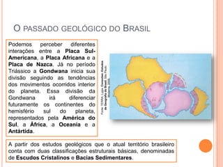 Podemos
perceber
diferentes
interações entre a Placa SulAmericana, a Placa Africana e a
Placa de Nazca. Já no período
Triássico a Gondwana inicia sua
divisão seguindo as tendências
dos movimentos ocorridos interior
do planeta. Essa divisão da
Gondwana
irá
diferenciar
futuramente os continentes do
hemisfério
sul
do
planeta,
representados pela América do
Sul, a África, a Oceania e a
Antártida.

Fonte: TERRA, Lygia. Conexões: Estudos
de Geografia do Brasil. São Paulo:
Moderna, 2009.

O PASSADO GEOLÓGICO DO BRASIL

A partir dos estudos geológicos que o atual território brasileiro
conta com duas classificações estruturais básicas, denominadas
de Escudos Cristalinos e Bacias Sedimentares.

 