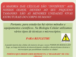 A MAIORIA DAS CÉLULAS SÃO “INVISÍVEIS” AOS
NOSSOS OLHOS, DEVIDO AO SEU PEQUENO
TAMANHO: SÃO AS MENORES UNIDADES VIVAS
ESTRUTURAIS DO CORPO HUMANO!
Portanto, para estuda-las há vários métodos e
equipamentos científicos. Na Biologia Celular utilizamos
vários tipos de técnicas e microscópios.
PARA REFLETIR!
A grande maioria das células são menores do que o nosso PODER DE RESOLUÇÃO!
Logo, ao longo da história do desenvolvimento científico, desenvolvemos técnicas e
microscópios que possibilitam visualizar as células!
PORÉM O QUE OBSERVAMOS REPRESENTA A “REALIDADE” DE UMA
CÉLULA?
 
