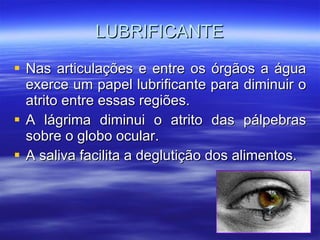 LUBRIFICANTE Nas articulações e entre os órgãos a água exerce um papel lubrificante para diminuir o atrito entre essas regiões. A lágrima diminui o atrito das pálpebras sobre o globo ocular. A saliva facilita a deglutição dos alimentos. 