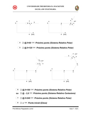 UNIVERSIDADE PRESBITERIANA MACKENZIE
                                                     ESCOLA DE ENGENHARIA




                                                                                                     3
                                                                                                             60o
                                                 3
    3                        2                                            3
                                     1                                            1              2   3




                                 4       [cm]                                     4   [cm]




             4       @ 3<60                Enter
                                                     Próximo ponto (Sistema Relativo Polar)

             5       @ 3<120                 Enter
                                                         Próximo ponto (Sistema Relativo Polar)


                                                                                                              180 o
                                                                                             3
                                                                                                             4




                                                                                                     5
                                                          3




                                                                  120 o

                                                          4
                                                              3                                                    3



3                                                                             3
                        1                            2                                1                  2




                        4        [cm]                                                 4   [cm]




         6       @ 3<180                 Enter
                                                   Próximo ponto (Sistema Relativo Polar)
        ou       @ − 3,0             Enter
                                             Próximo ponto (Sistema Relativo Cartesiano)

         7       @ 3<240                 Enter
                                                 Próximo ponto (Sistema Relativo Polar)

         8       c   Enter
                                 Ponto inicial (Close)

Prof.Alfonso Pappalardo Junior                                                                   Aula 1 – 6(7)
 