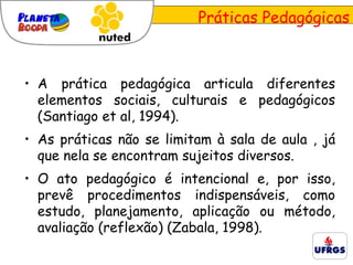 A prática pedagógica articula diferentes elementos sociais, culturais e pedagógicos ( Santiago et al, 1994) .  As práticas não se limitam à sala de aula , já que nela se encontram sujeitos diversos. O ato pedagógico é intencional e, por isso, prevê procedimentos indispensáveis, como estudo, planejamento, aplicação ou método, avaliação (reflexão) ( Zabala, 1998) . Práticas Pedagógicas 