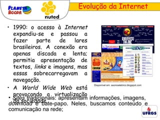 Evolução da Internet 1990: o acesso à  Internet  expandiu-se e passou a fazer parte de lares brasileiros. A conexão era apenas discada e lenta; permitia apresentação de textos,  links  e imagens, mas essas sobrecarregavam a navegação.  A  World Wide Web  está provocando a virtualização da sociedade. Sites  tradicionais: apresentam informações, imagens,  download  e bate-papo. Neles, buscamos conteúdo e comunicação na rede; Disponível em: axonioeletrico.blogspot.com  