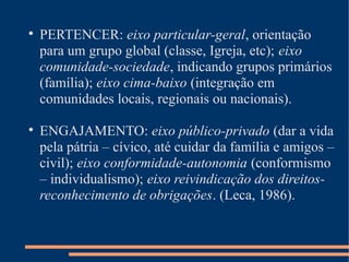 
    PERTENCER: eixo particular-geral, orientação
    para um grupo global (classe, Igreja, etc); eixo
    comunidade-sociedade, indicando grupos primários
    (família); eixo cima-baixo (integração em
    comunidades locais, regionais ou nacionais).


    ENGAJAMENTO: eixo público-privado (dar a vida
    pela pátria – cívico, até cuidar da família e amigos –
    civil); eixo conformidade-autonomia (conformismo
    – individualismo); eixo reivindicação dos direitos-
    reconhecimento de obrigações. (Leca, 1986).
 